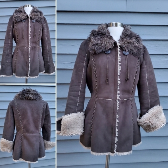 Vintage 90s y2k Esprit Brown Vegan Suede Faux Fur Collar Monster Penny Lane Coat - Picture 1 of 8